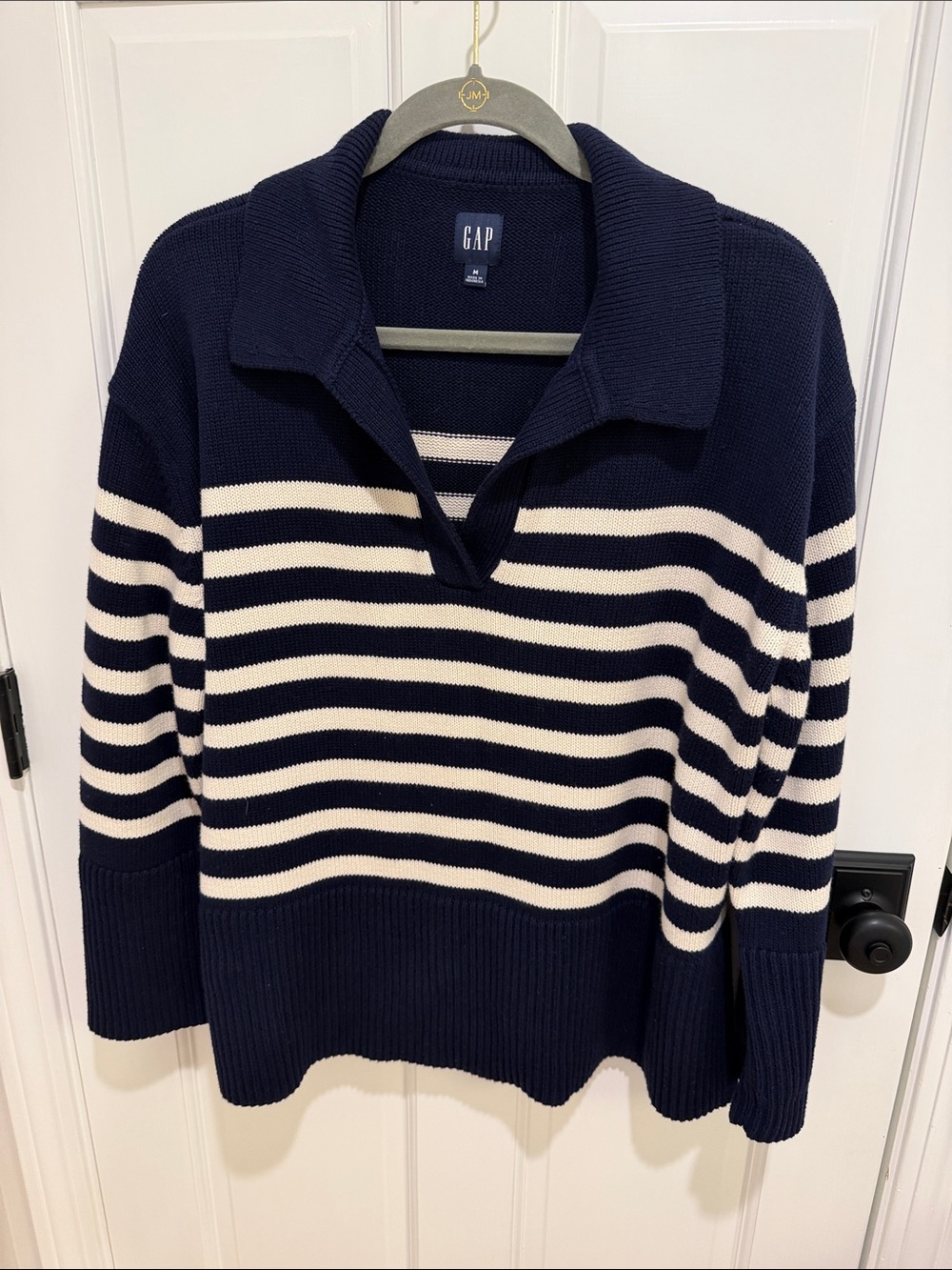 GAP Navy and Cream Striped V-Neck Collared Sweater